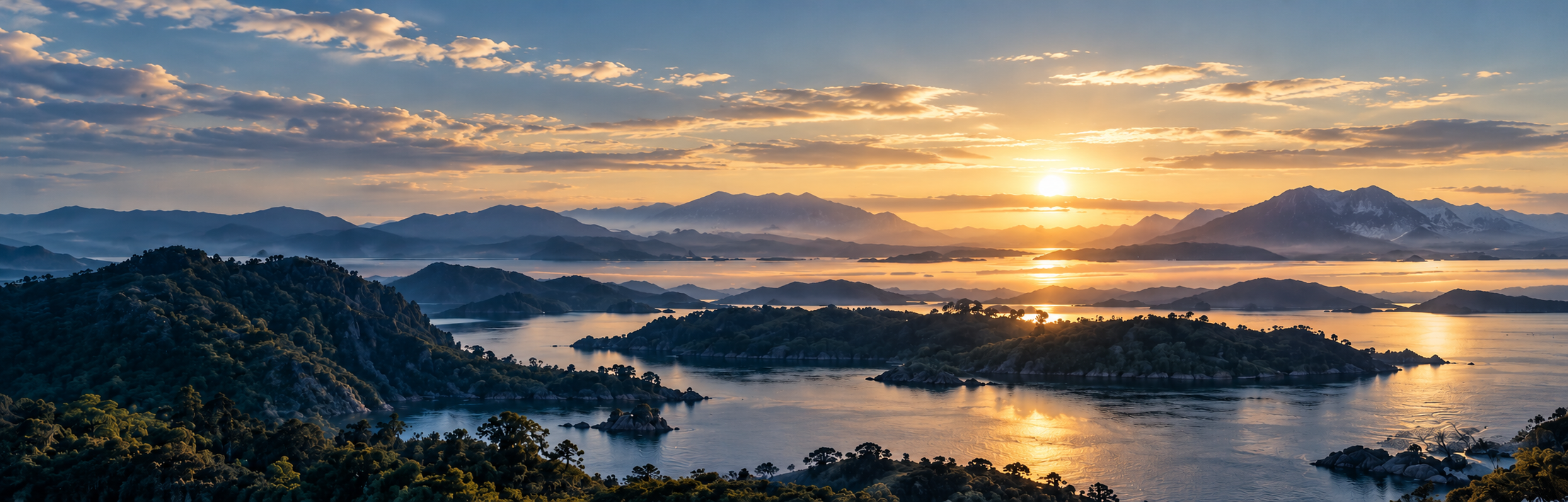 Golden sunrise over forested mountain islands