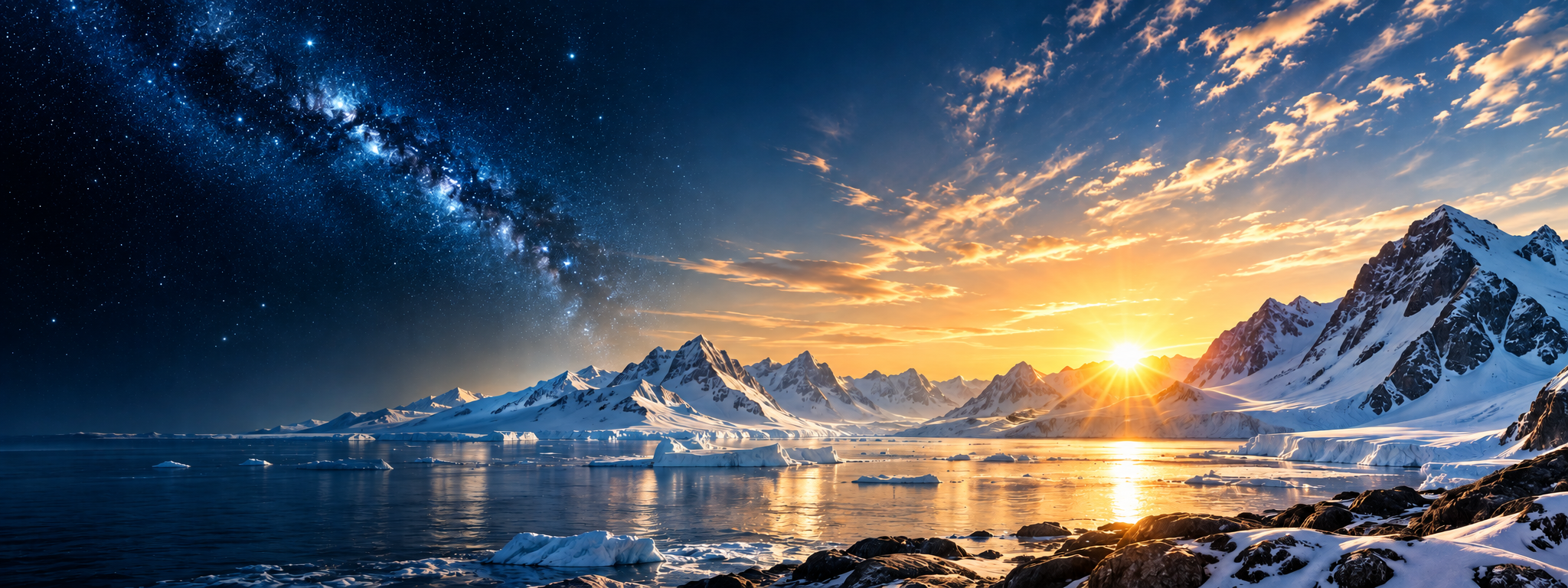 Arctic mountains beneath a star-filled sky and glowing sunrise