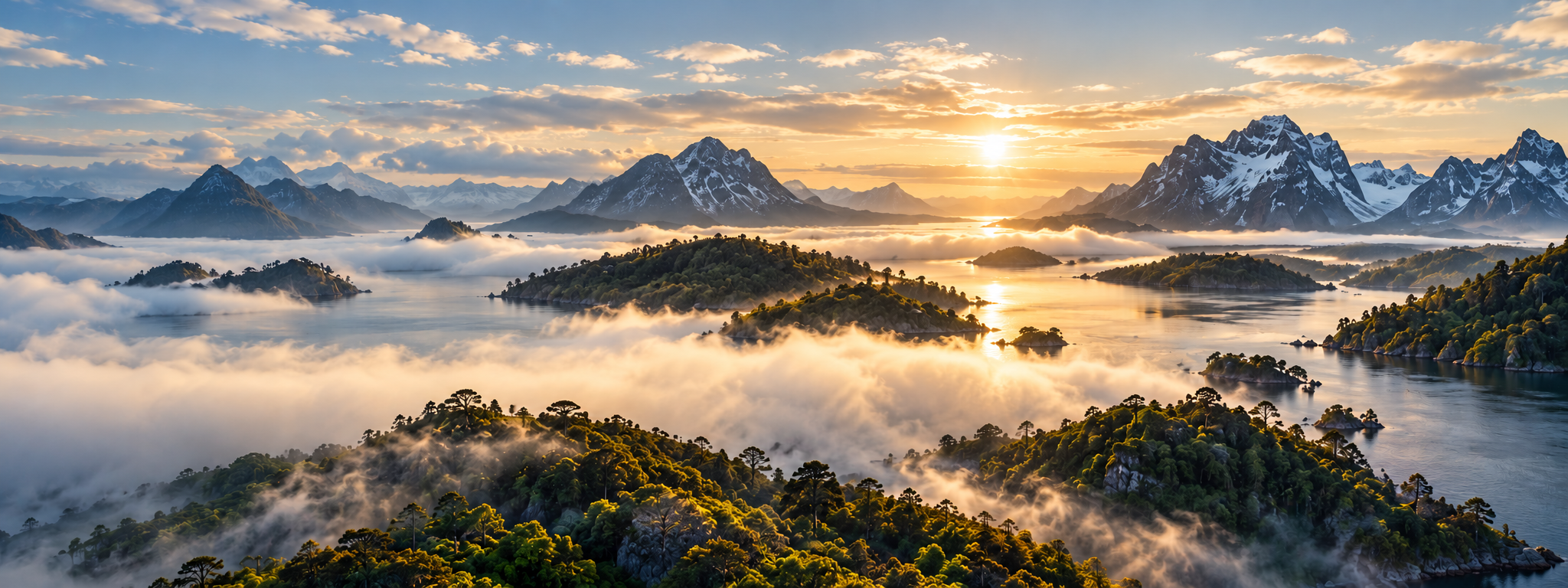 Misty forested fjord islands at sunrise